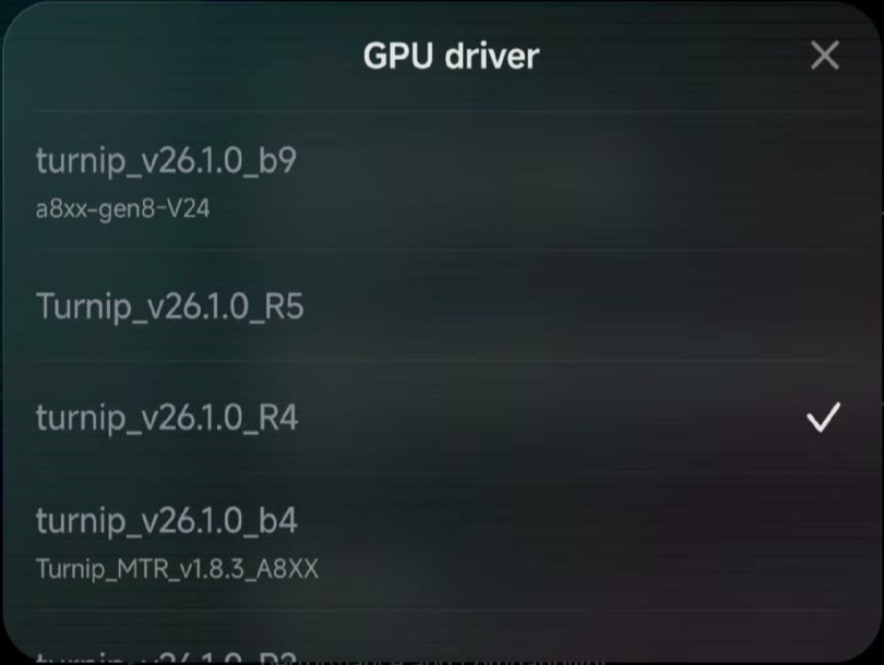 GameHub GPU driver picker showing several Turnip driver versions