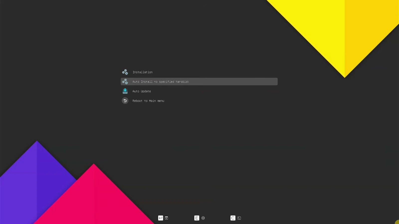 Android TV installer menu with Auto Install to specified harddisk selected