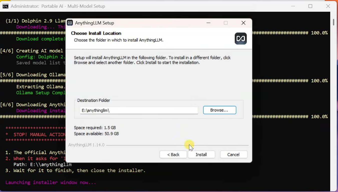AnythingLLM installer set to the anythingllm folder on a USB drive