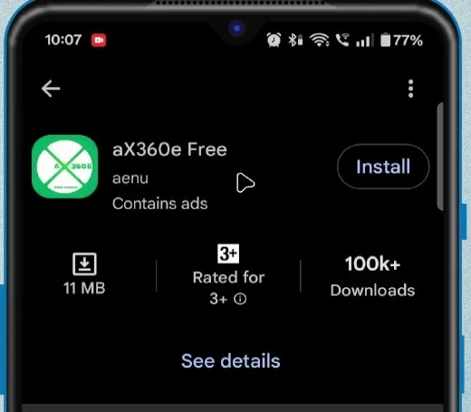 aX360e Free app page in Google Play with the Install button