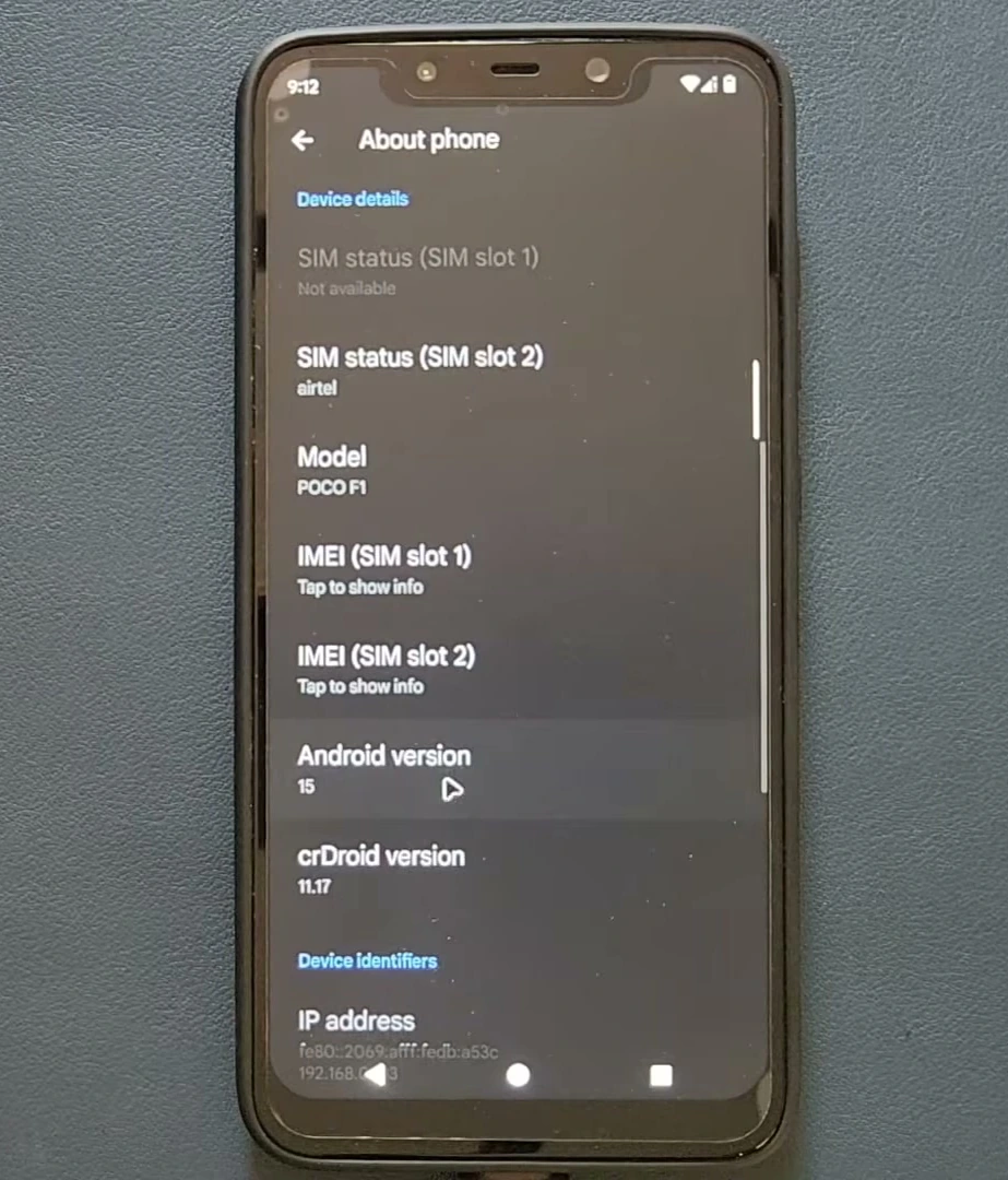 Poco F1 About phone screen with Android 15 and crDroid version 11.17