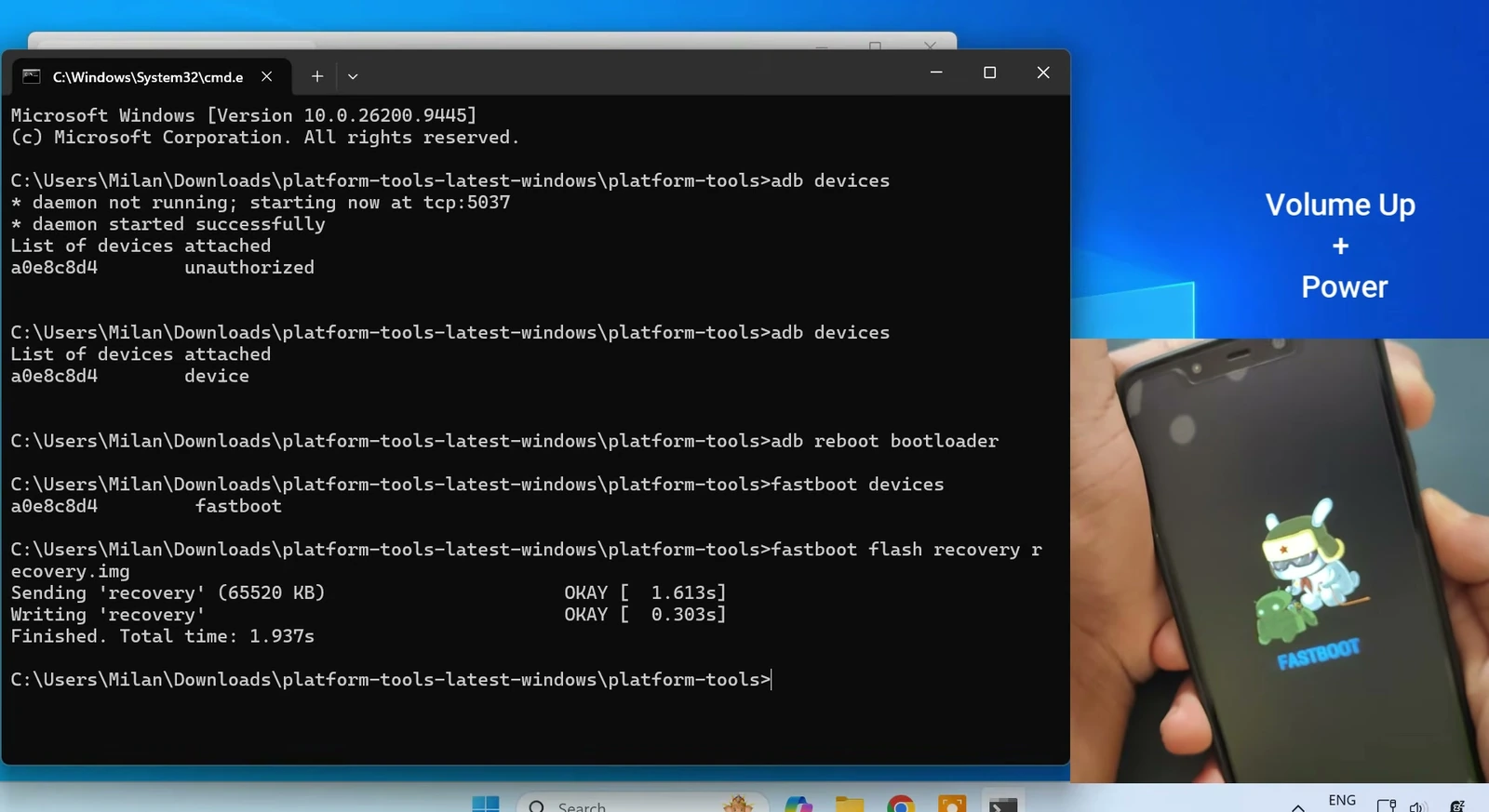 Poco F1 Fastboot screen with instructions to hold Volume Up and Power to boot into recovery