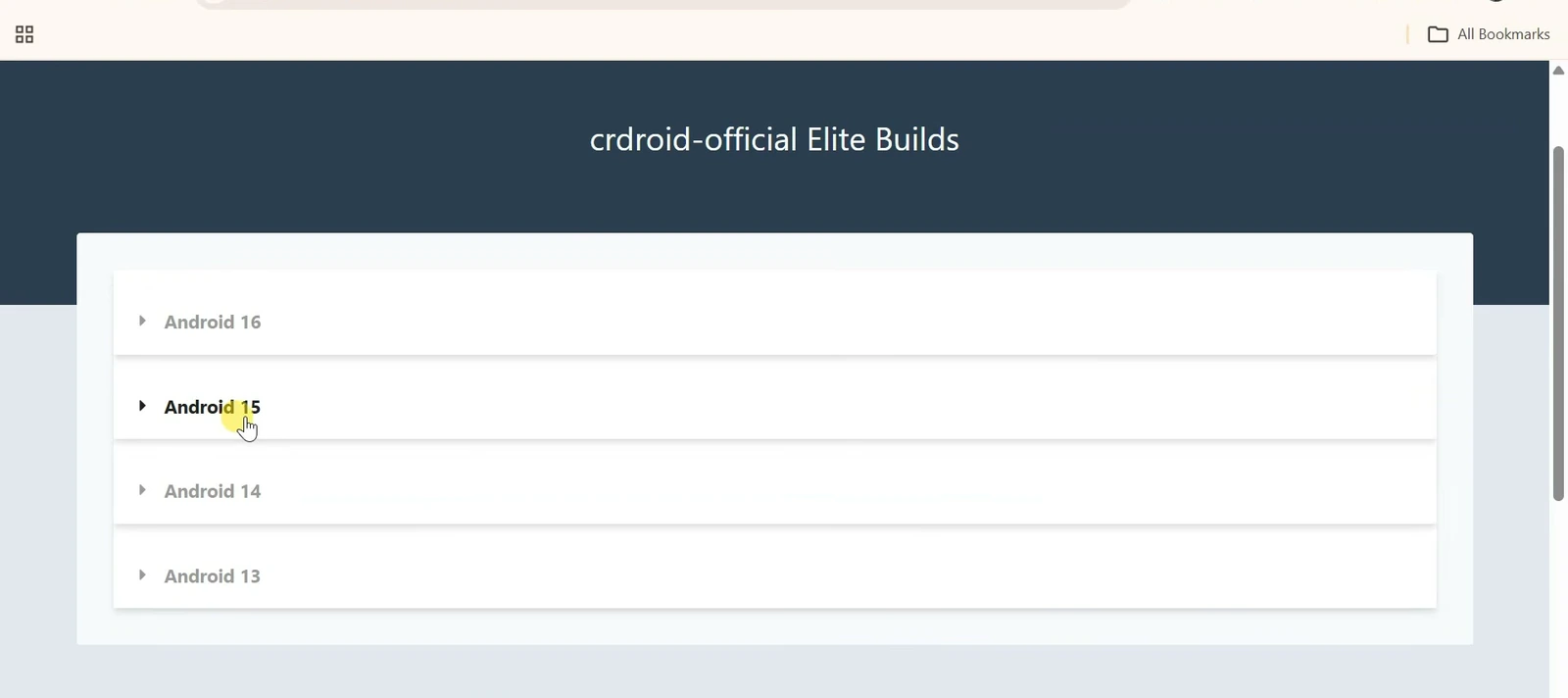NikGApps crDroid-official download page with Android 15 selected among Android-version options