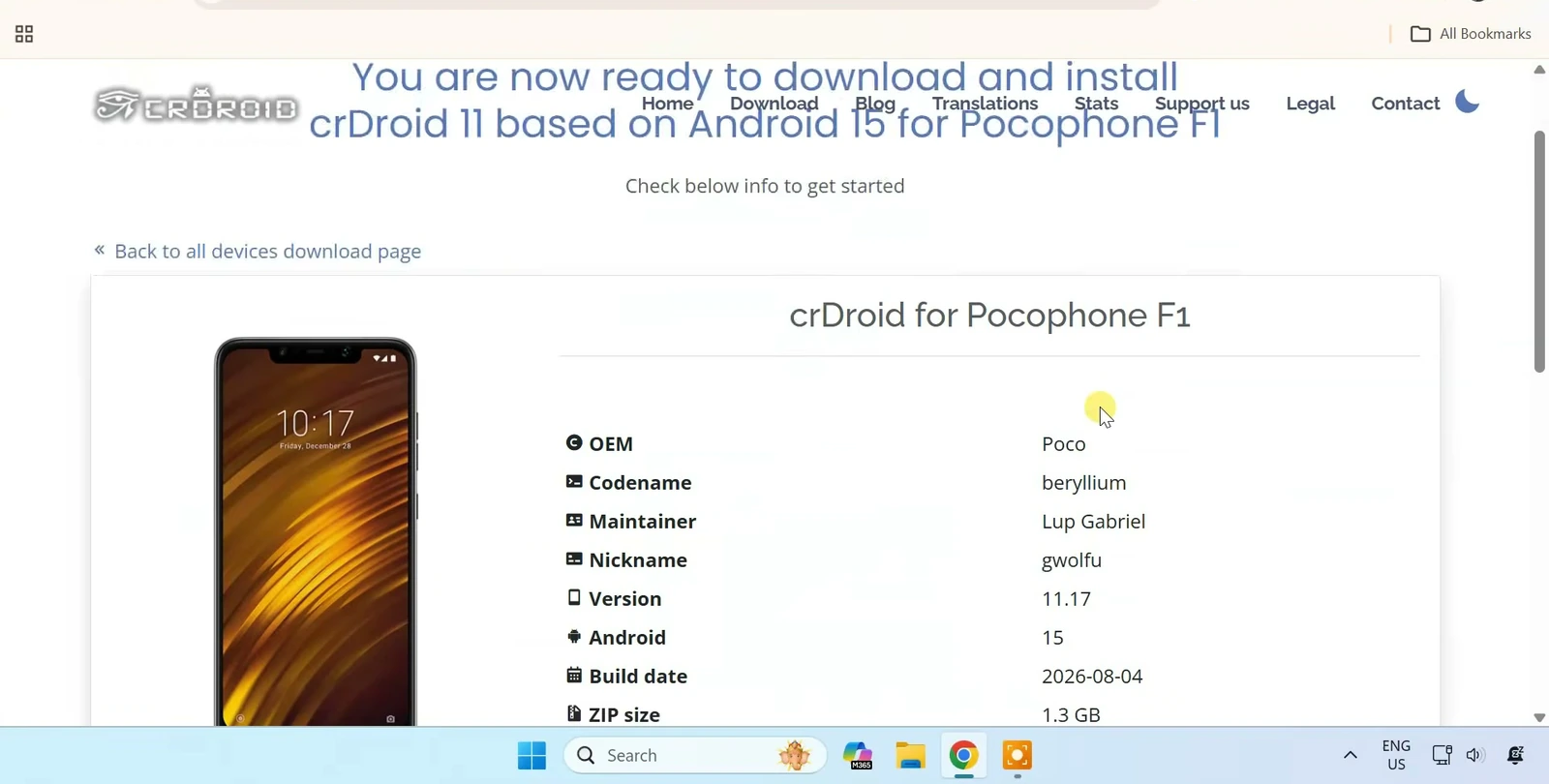 Official crDroid page with Poco F1, codename beryllium, crDroid 11.17, and Android 15