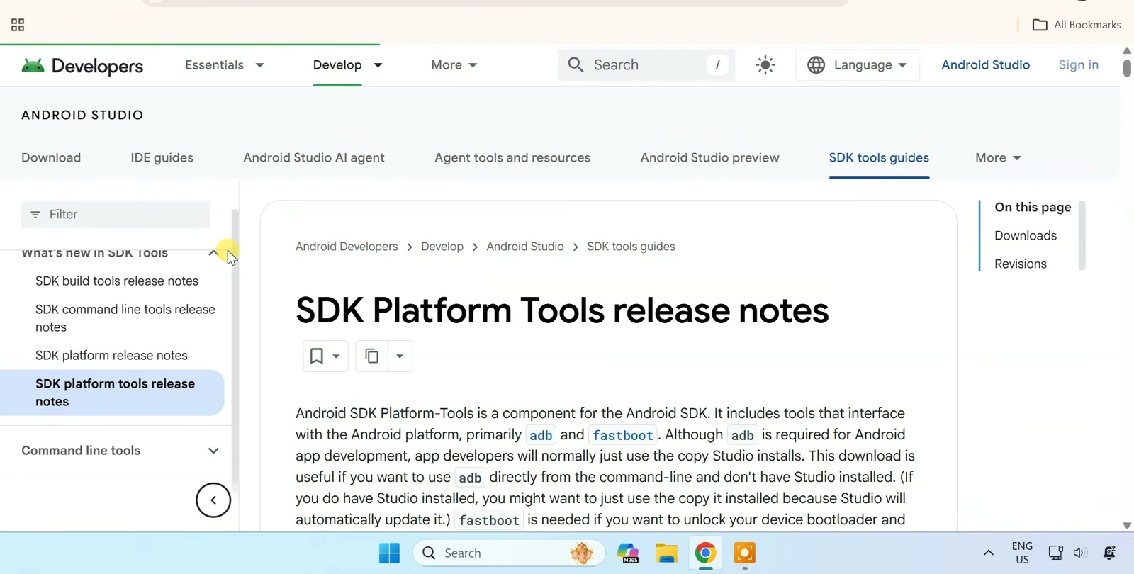 Android Developers SDK Platform-Tools page explaining that it includes ADB and Fastboot