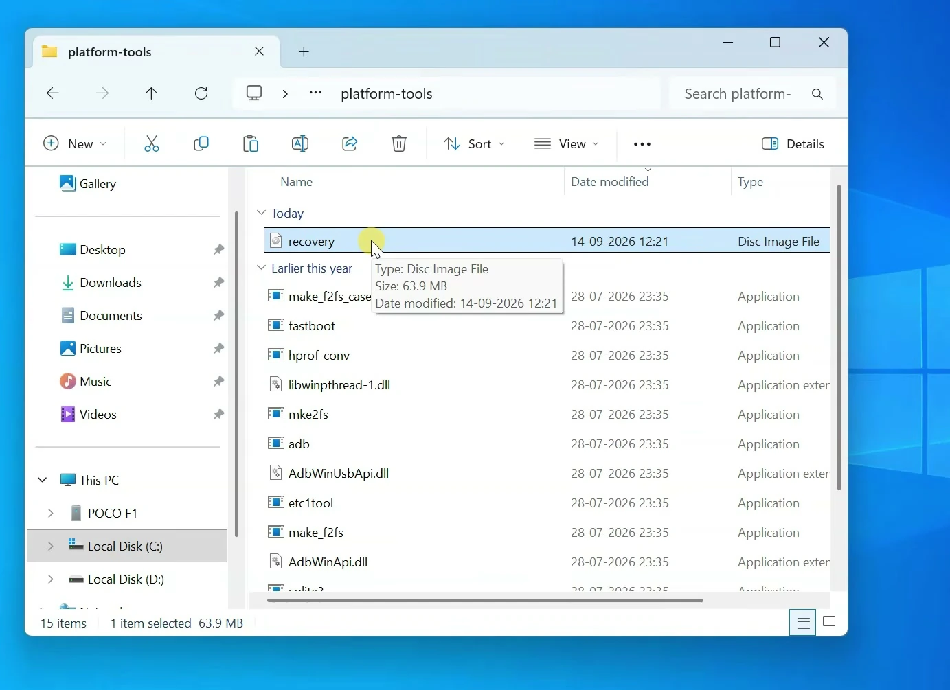 Windows platform-tools folder containing the renamed recovery image alongside adb and fastboot files