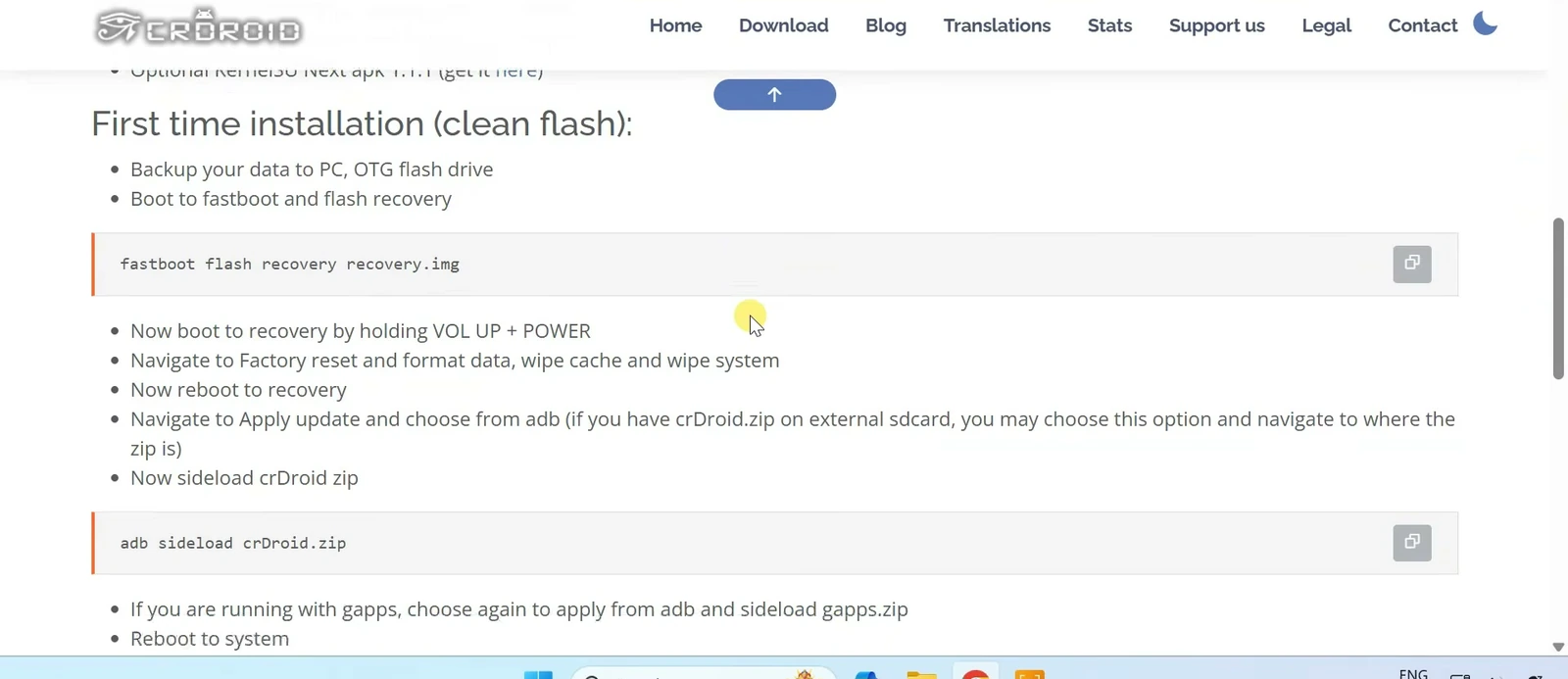 Official crDroid clean-flash instructions for Poco F1, including recovery flashing and ADB sideload commands