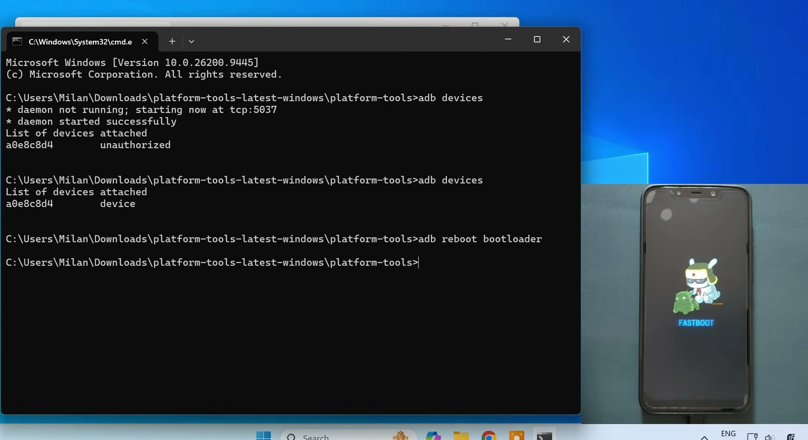 Command Prompt shows adb reboot bootloader while the connected Poco F1 displays the Fastboot screen