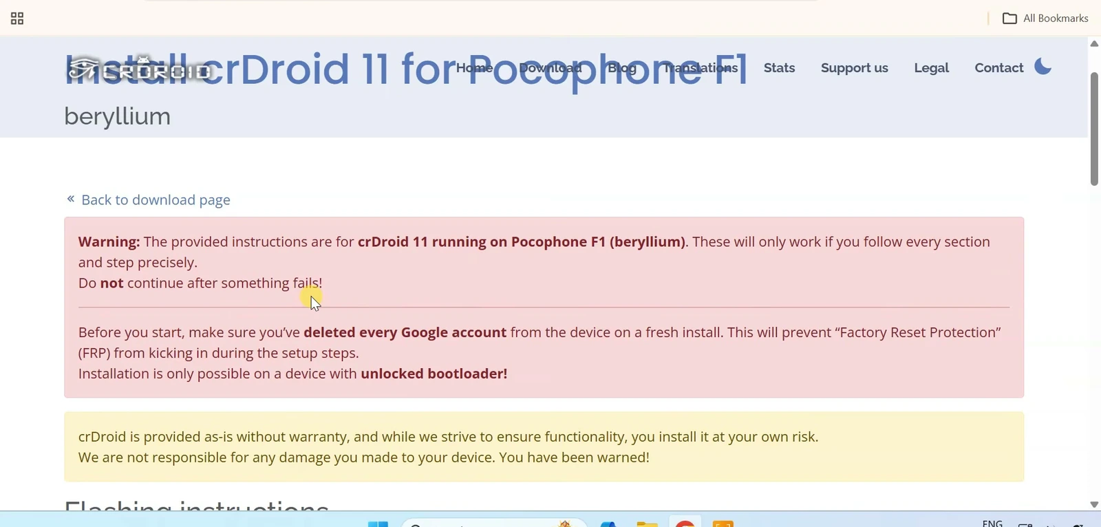 crDroid warning panel stating the Poco F1 beryllium instructions require an unlocked bootloader
