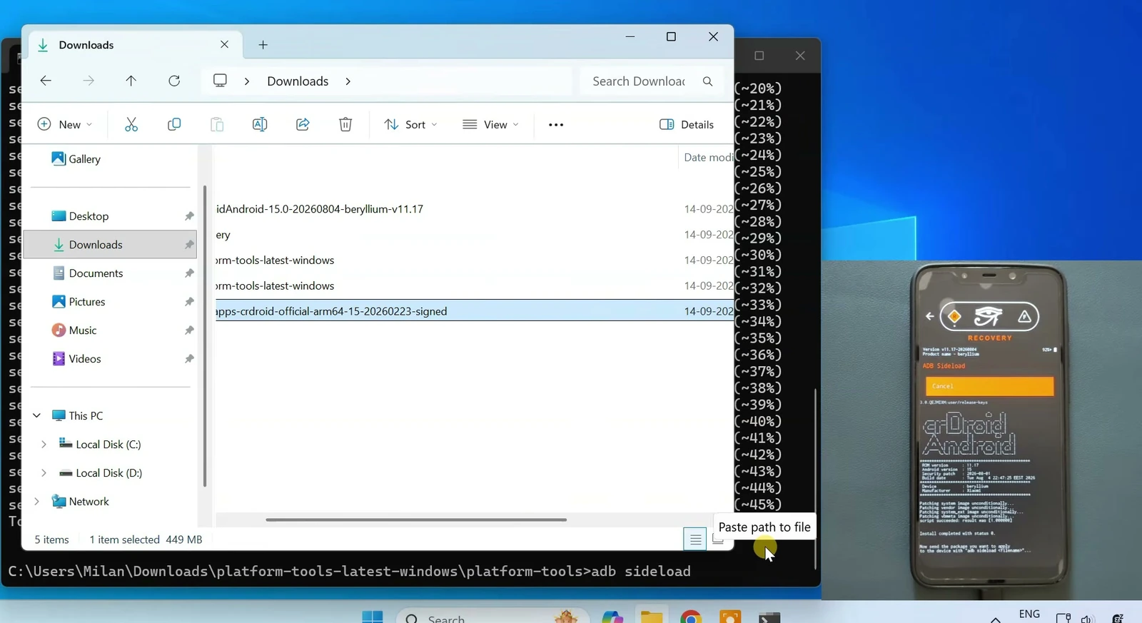 NikGApps Android 15 ZIP selected in Windows Downloads while crDroid Recovery waits in ADB Sideload mode