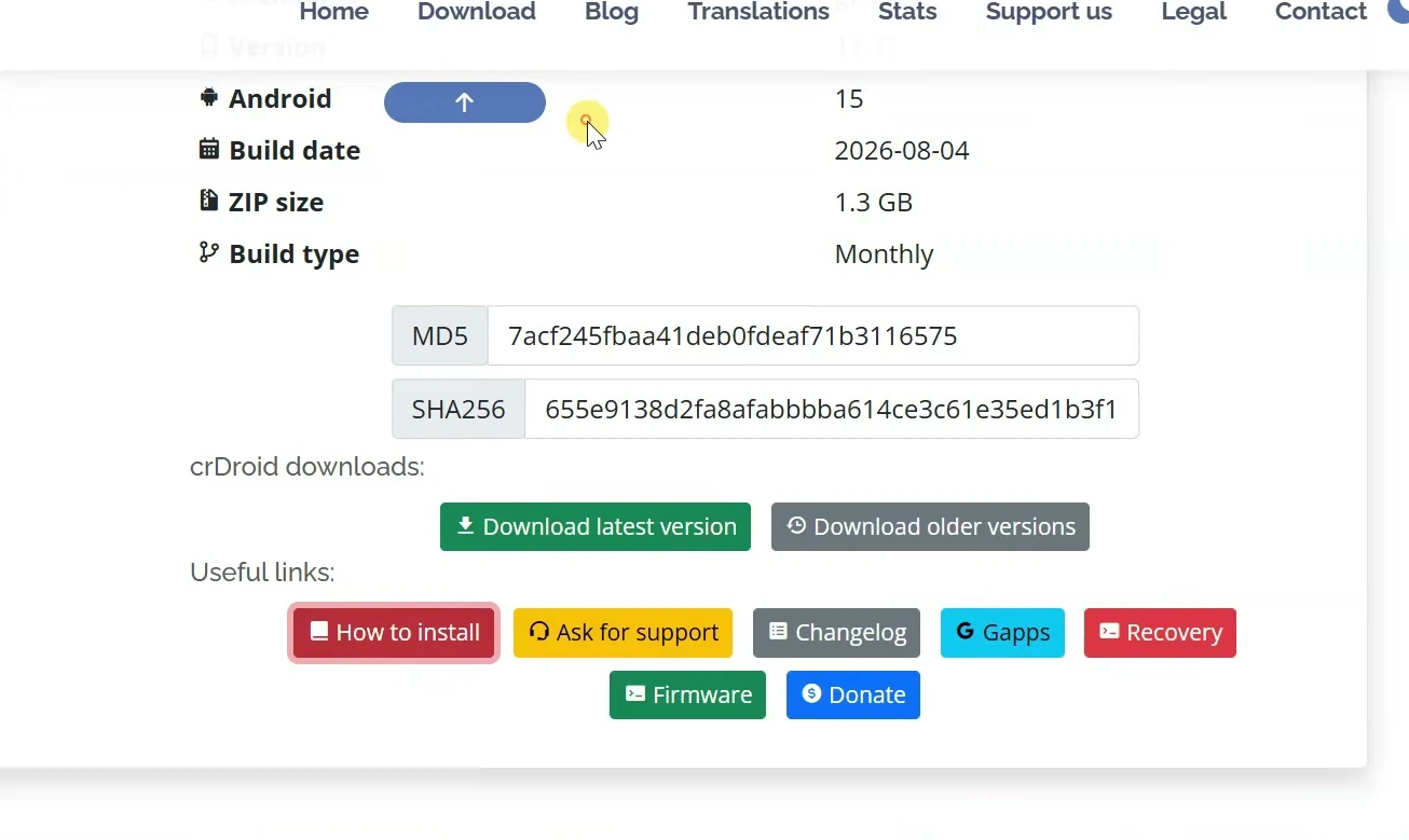 crDroid Poco F1 download page with Android 15 build details, checksums, and Download latest version button