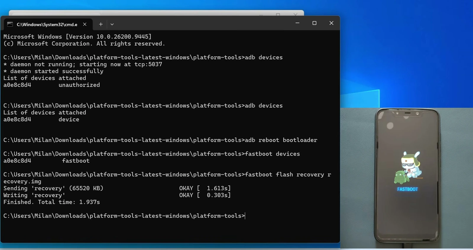 Command Prompt shows fastboot flash recovery recovery.img completed successfully beside a Poco F1 in Fastboot mode