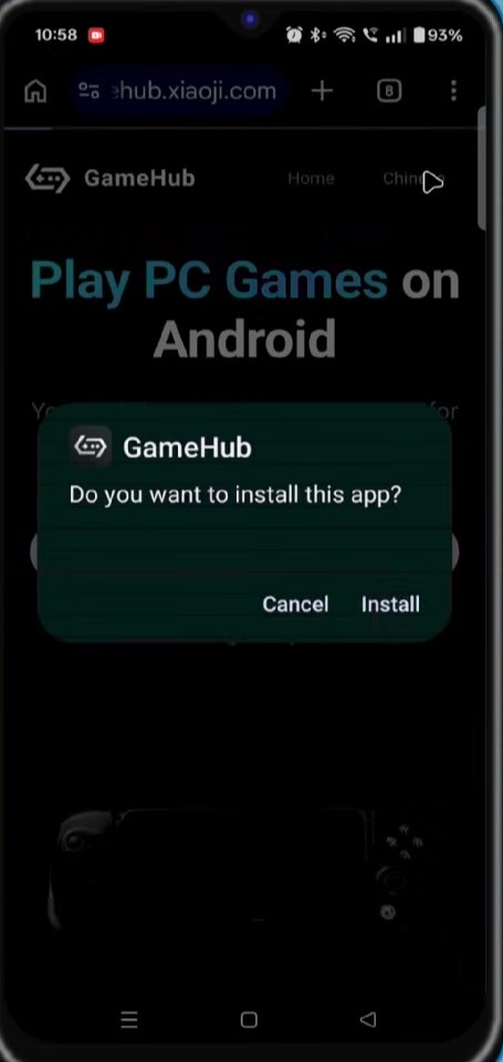 Android installation prompt asking whether to install the GameHub app