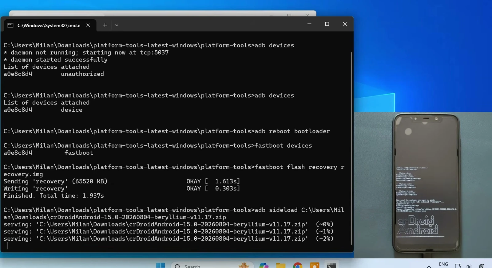 Command Prompt transfers the crDroid Android 15 beryllium ZIP with adb sideload while the phone installs it