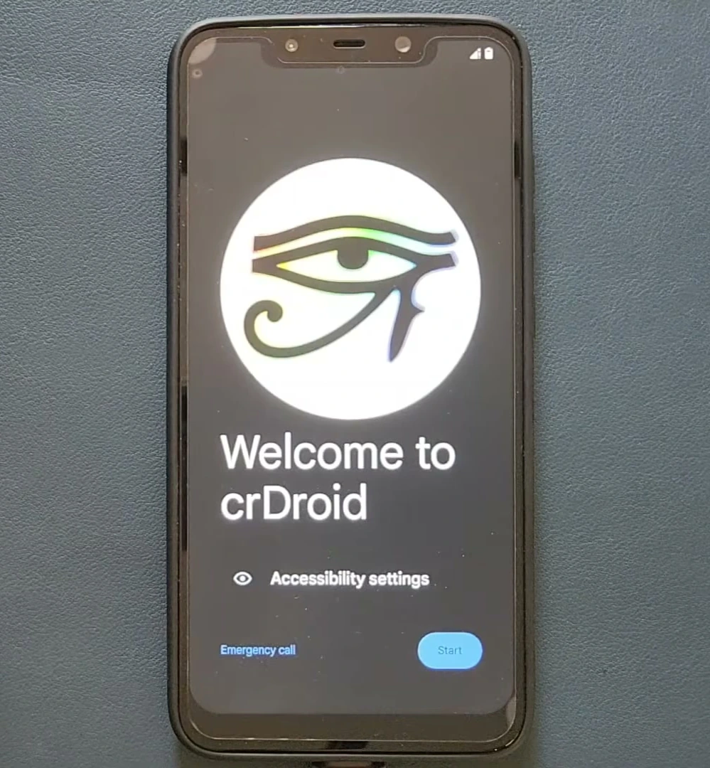 Poco F1 displays the Welcome to crDroid setup screen after the first successful boot
