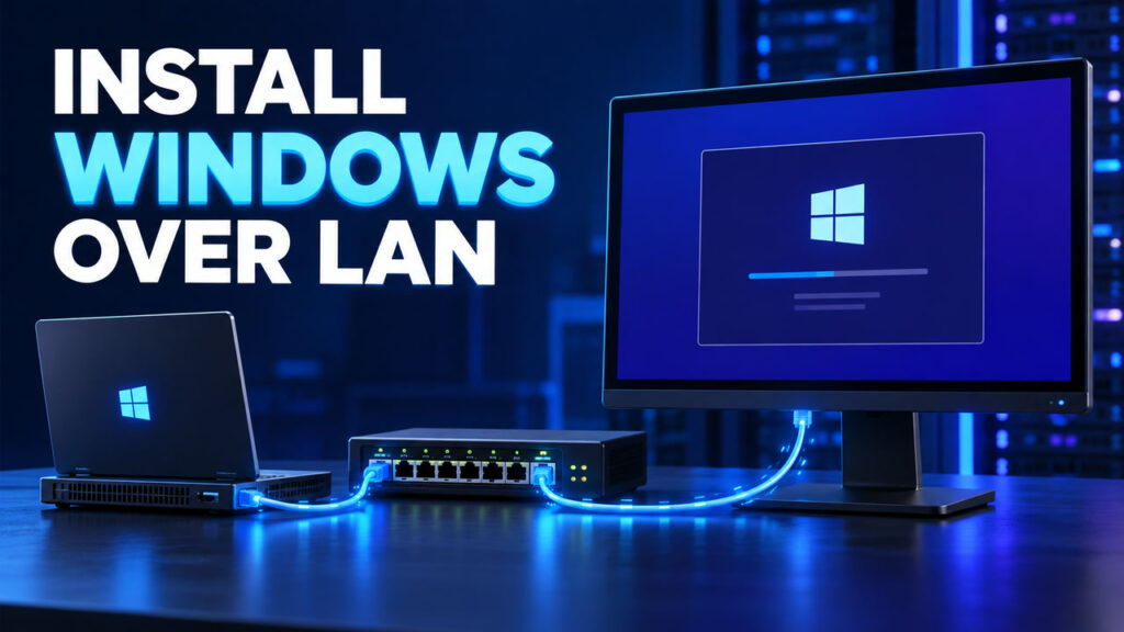 Windows installer PC connected to a local network beside the text Install Windows Over LAN