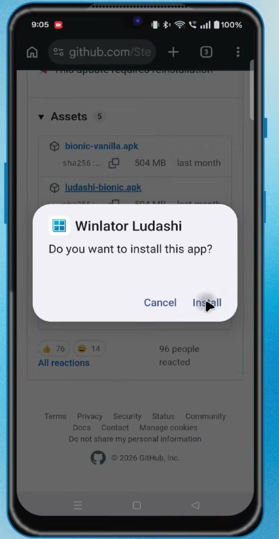 Android prompt for installing Winlator Ludashi