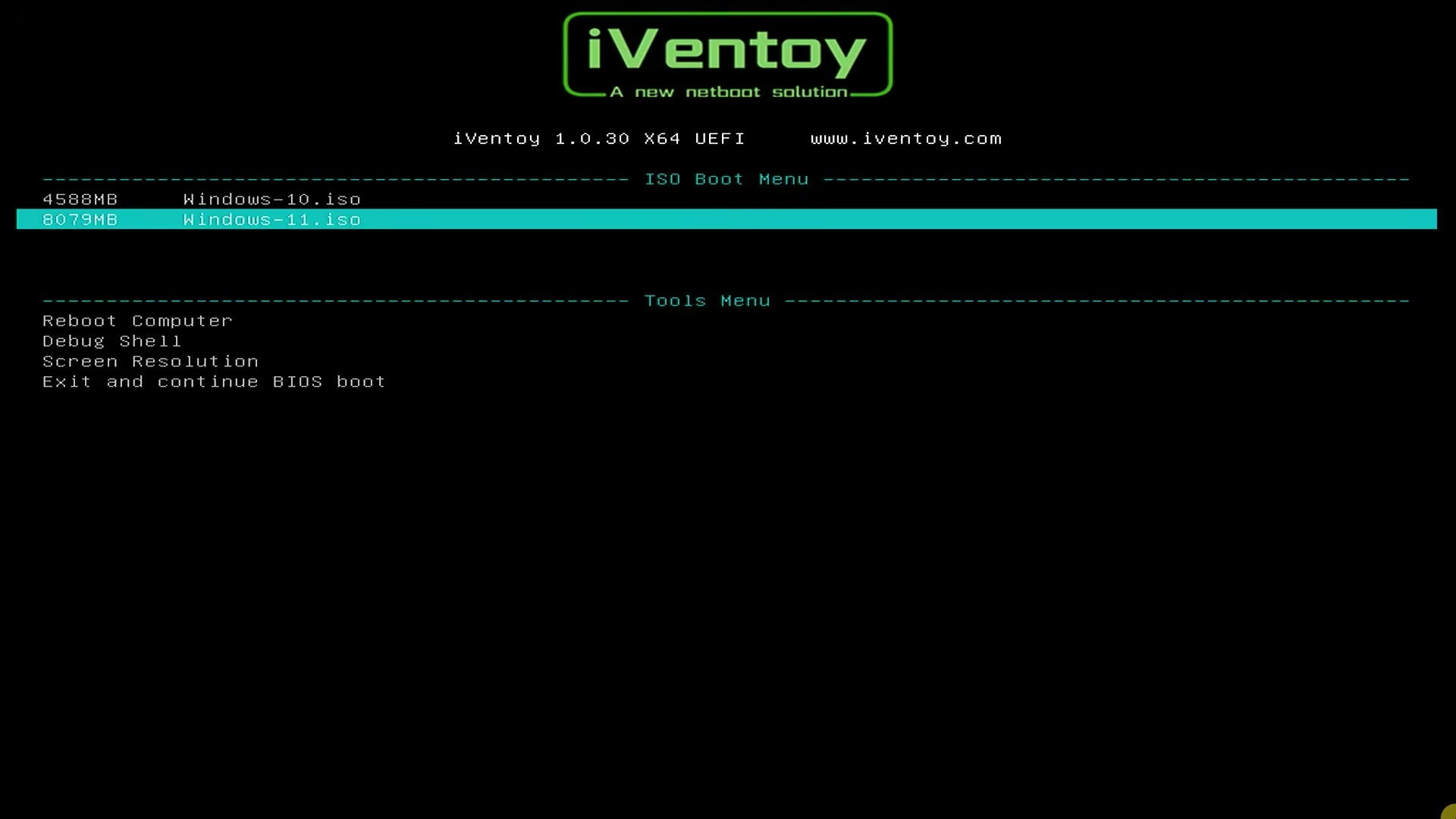 iVentoy UEFI boot menu listing Windows 10 and Windows 11 ISO files