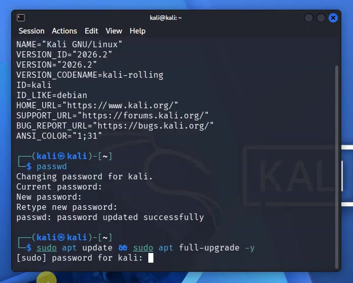 Kali terminal showing a successful password change and the apt update and full-upgrade command