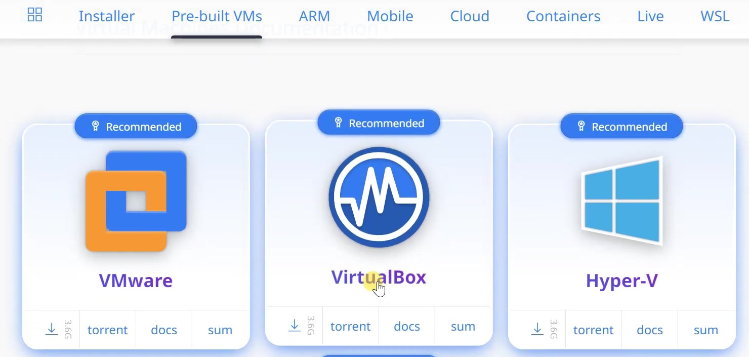 Kali Pre-built VMs page showing the VirtualBox download card