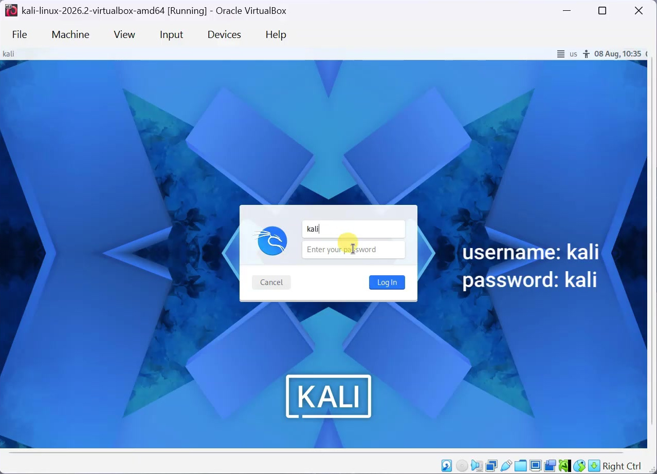 Kali Linux login screen showing kali as the default username and password
