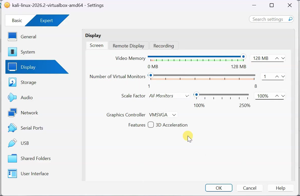 VirtualBox display settings with 128 MB video memory and 3D acceleration disabled