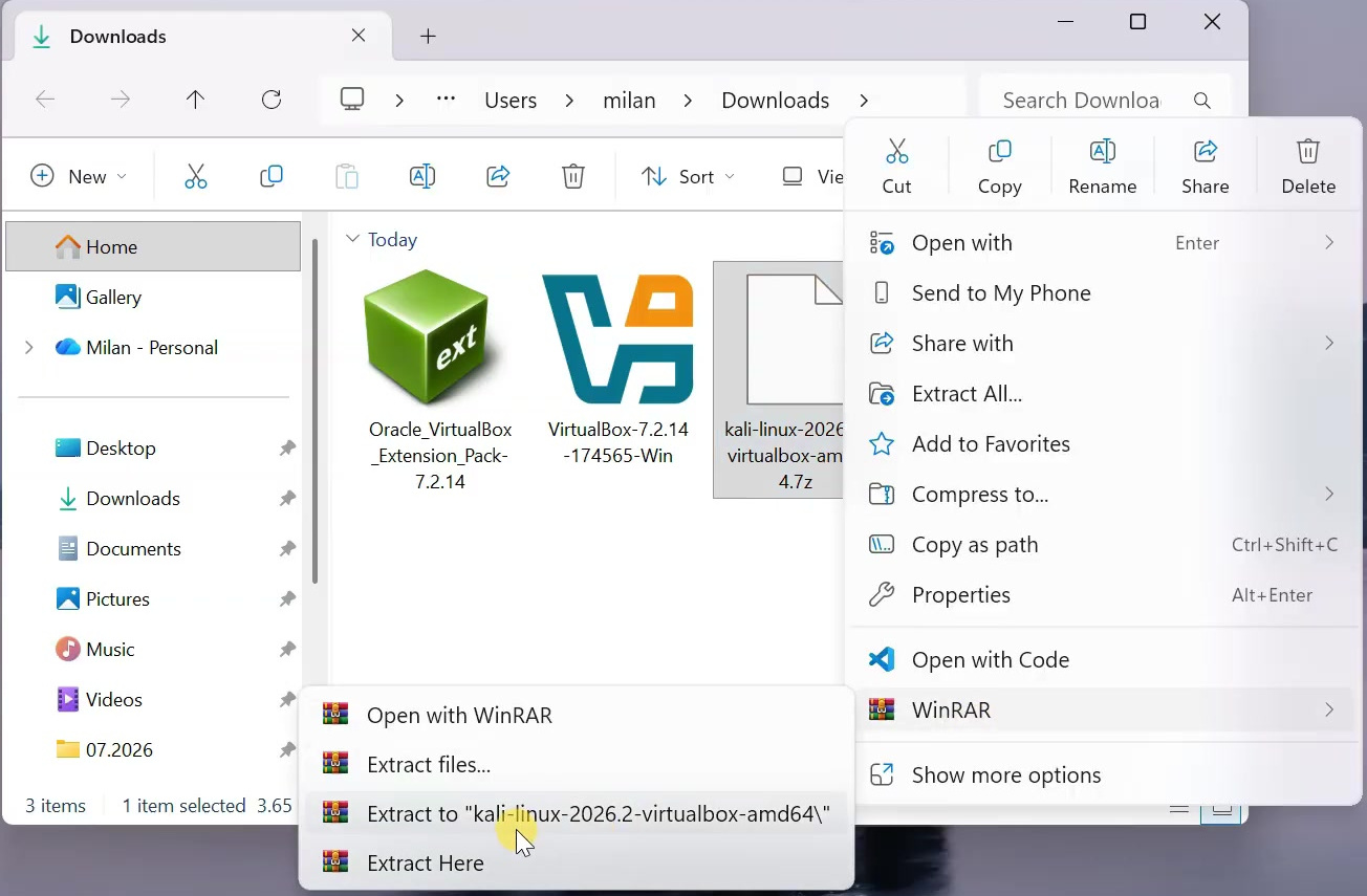 WinRAR context menu for extracting the Kali VirtualBox archive into its own folder