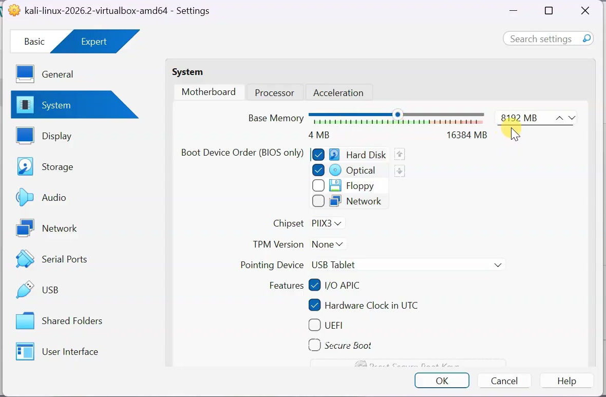 VirtualBox System settings showing 8192 MB of base memory assigned to Kali