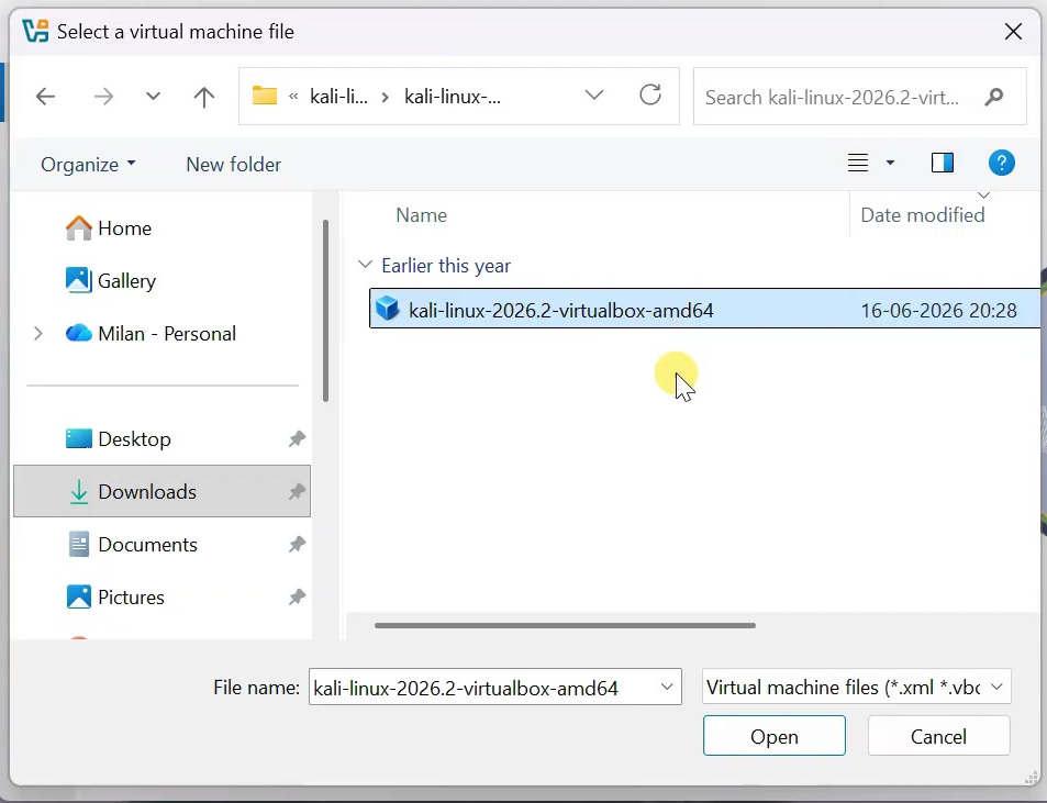 VirtualBox file picker with the Kali virtual machine configuration file selected