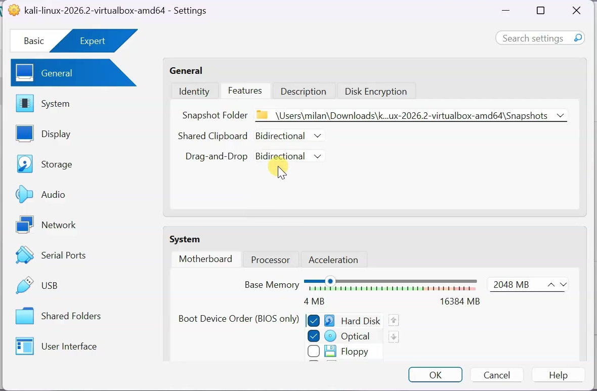 VirtualBox General Features settings with Shared Clipboard and Drag-and-Drop set to Bidirectional