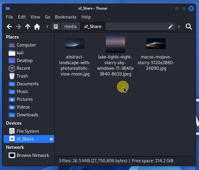Kali file manager showing three image files in the sf_Share shared folder