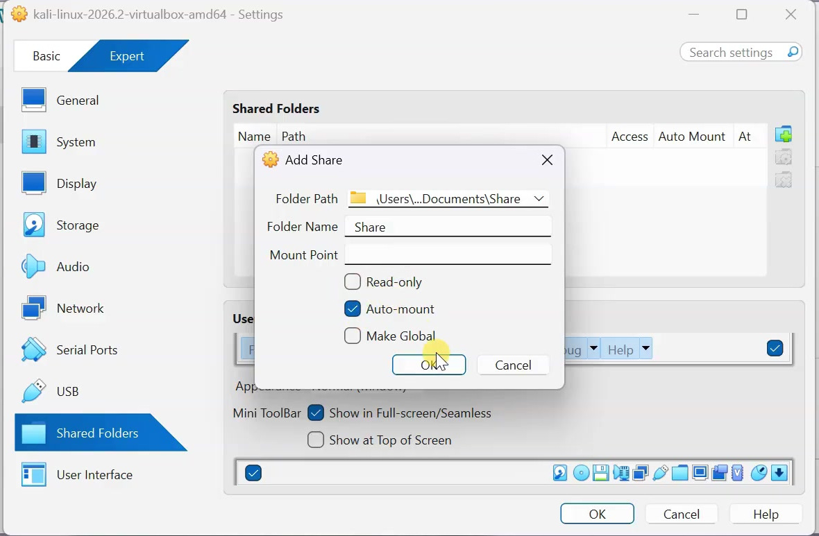 VirtualBox Add Share dialog with the Share folder selected, Auto-mount checked, and Read-only unchecked