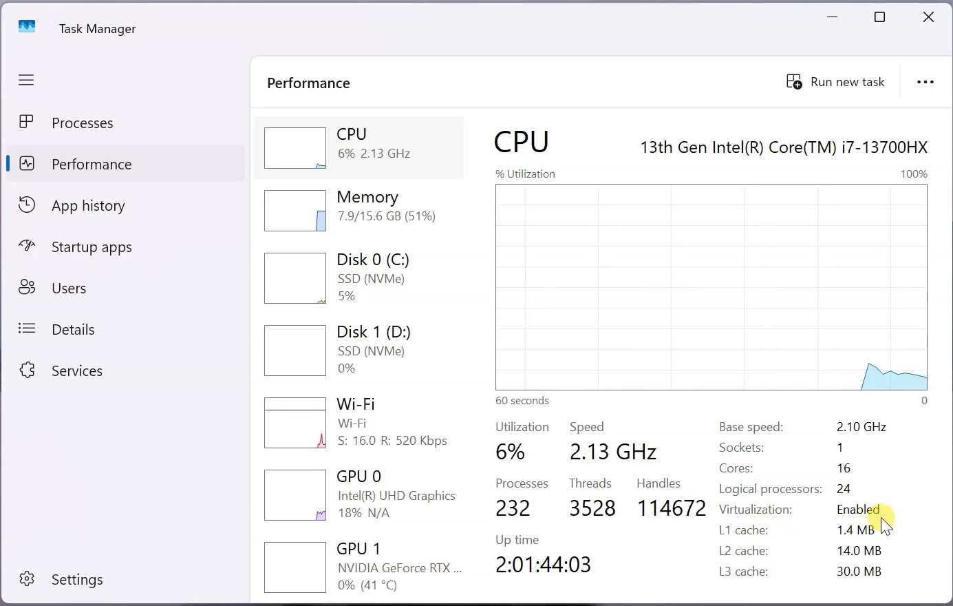Windows Task Manager CPU page showing Virtualization enabled