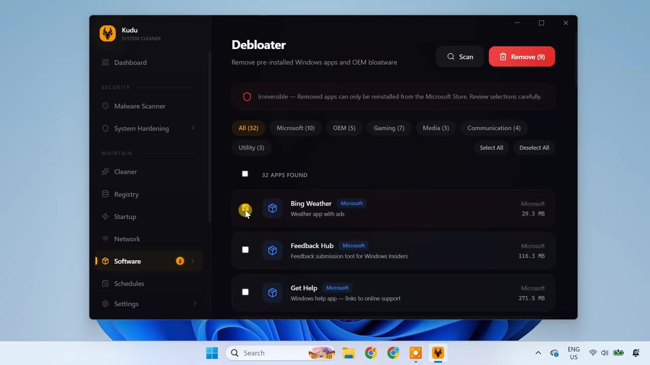 Kudu Debloater showing selected Windows apps and the Remove button