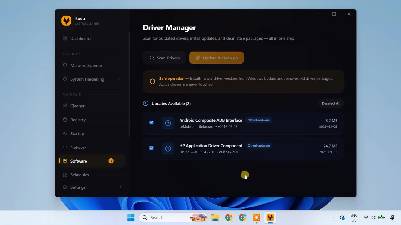 Kudu Driver Manager listing available Windows driver updates