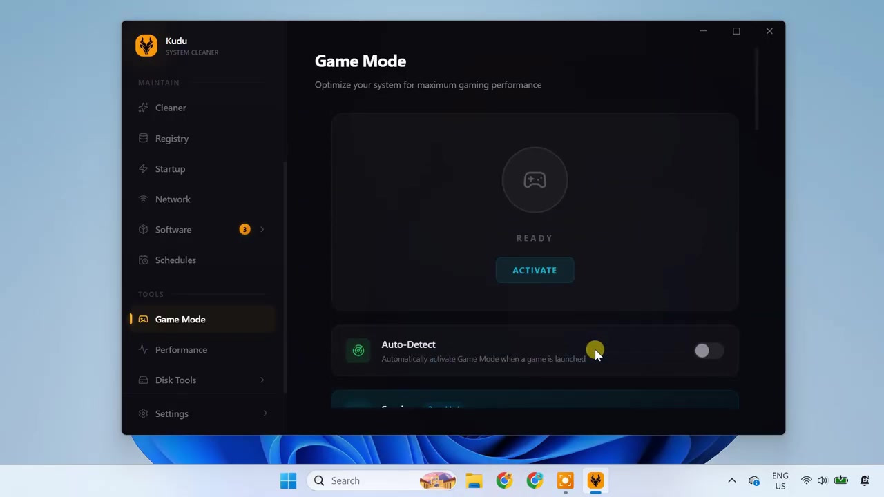 Kudu Game Mode screen with Activate and Auto-Detect controls