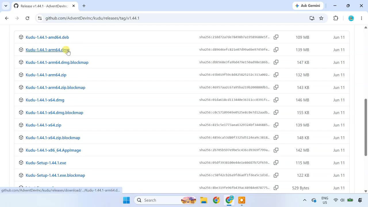 Kudu GitHub release assets showing the Windows Setup executable