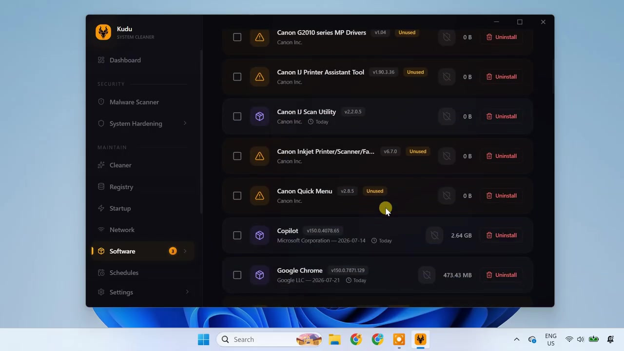 Kudu installed software list with unused-app labels and uninstall controls