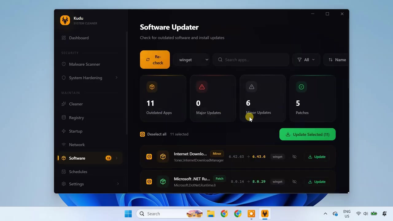 Kudu Software Updater showing outdated apps and available update types
