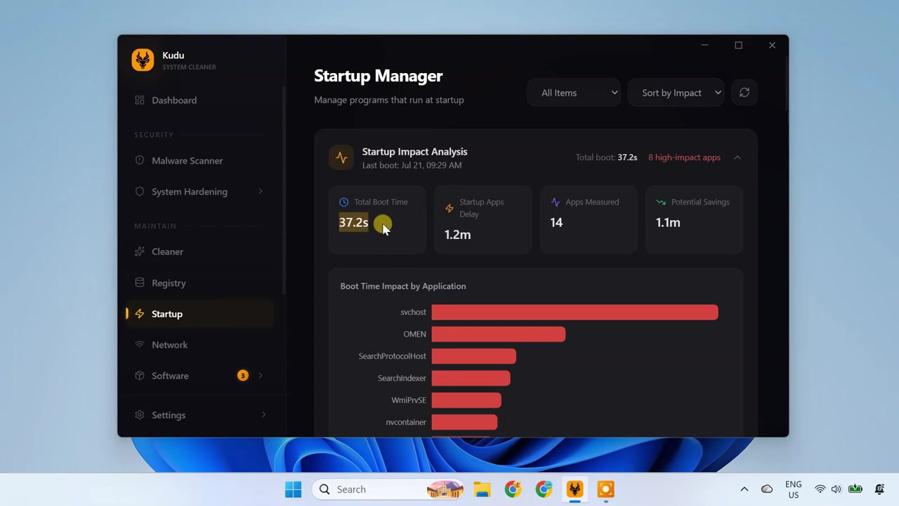 Kudu Startup Manager displaying boot time and high-impact apps