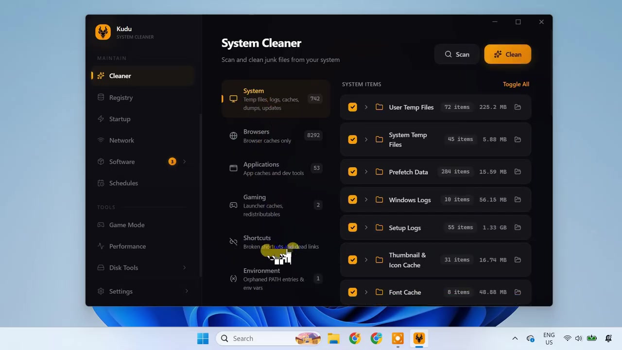 Kudu System Cleaner showing selected junk-file categories
