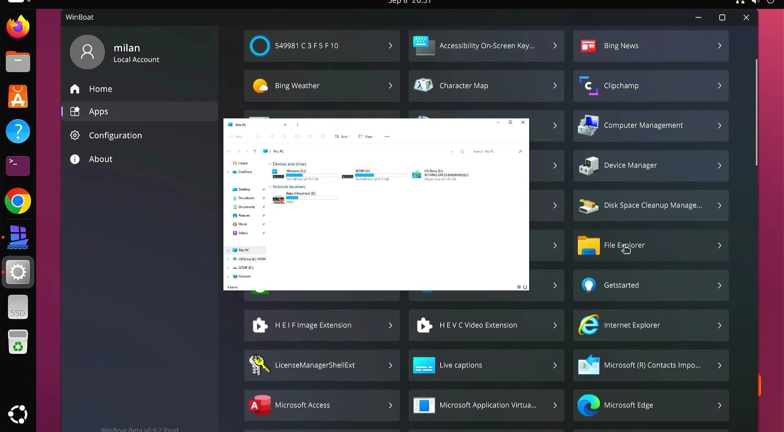 Windows File Explorer runs in its own window over WinBoat on an Ubuntu desktop