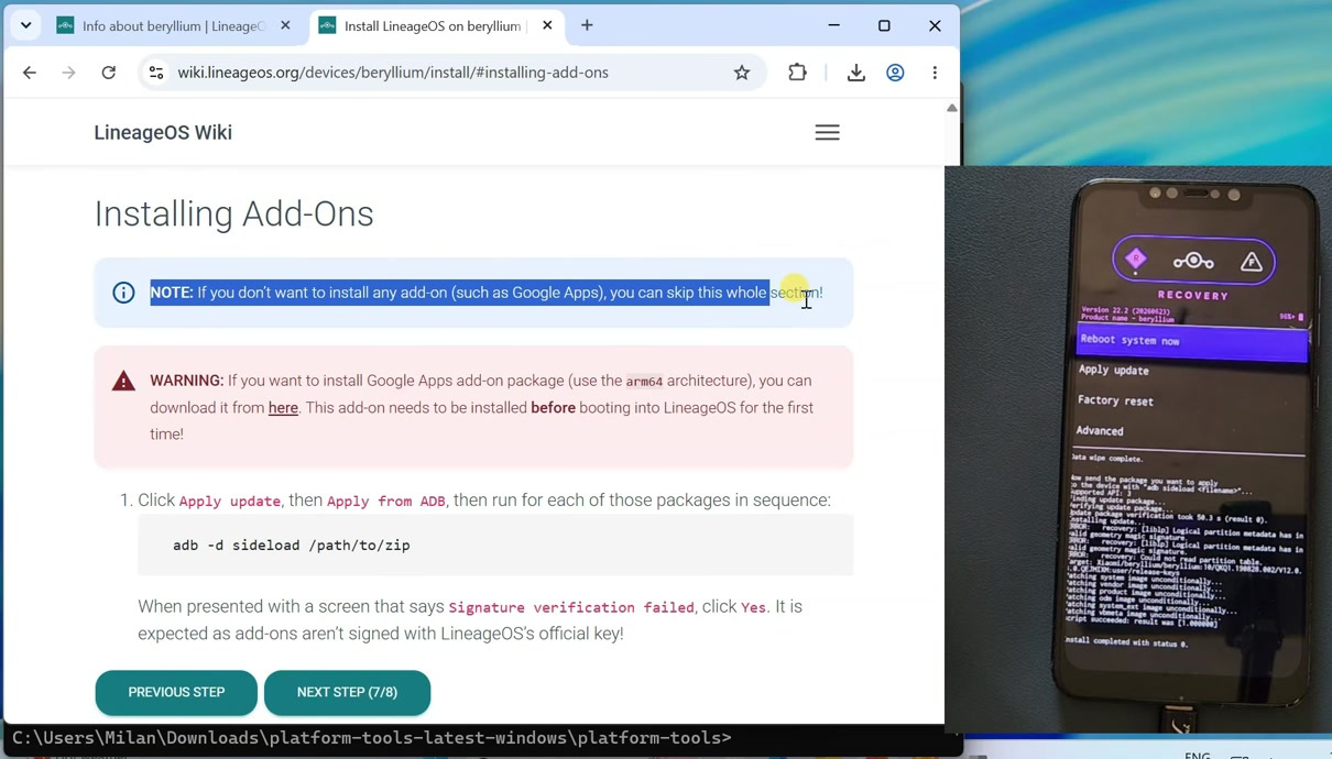 LineageOS Recovery reporting installation completed with status zero beside the add-ons instructions