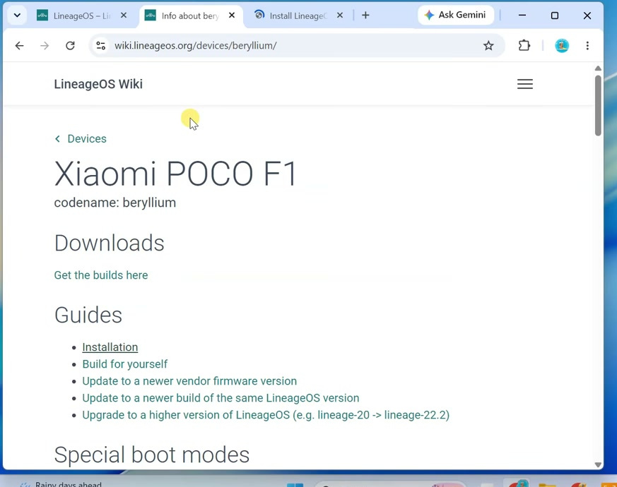 Official LineageOS page for the Xiaomi POCO F1 showing the beryllium device codename