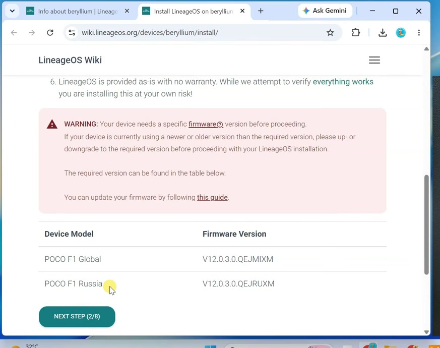 LineageOS installation guide showing required firmware versions for POCO F1 models