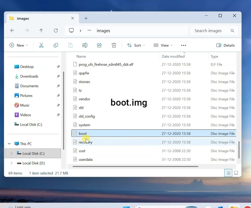 boot.img selected inside the images folder of a Xiaomi Fastboot ROM