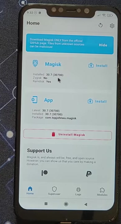 Magisk app showing an installed version on a rooted Xiaomi phone