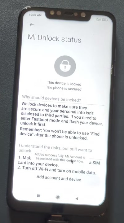 Mi Unlock status confirming the Xiaomi account and device were added successfully