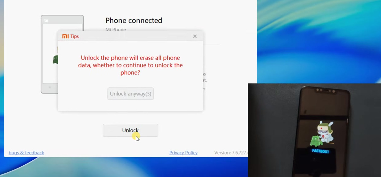Mi Unlock Tool warning that unlocking will erase all phone data