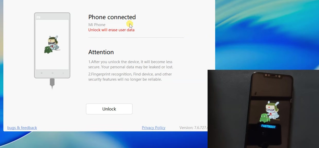 Mi Unlock Tool detecting a Xiaomi phone connected in Fastboot mode